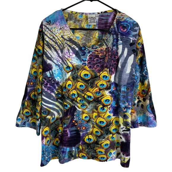 Parsley & Sage Top Womens 1X Plus Blue Multi 3/4 V Neck Peacock Boho Cotton Art - Picture 1 of 9